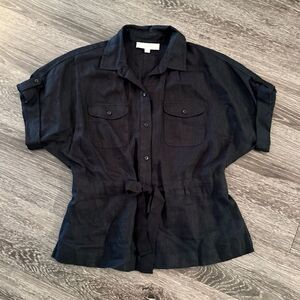 Loft Linen Short Sleeve Tie Waist Button Up